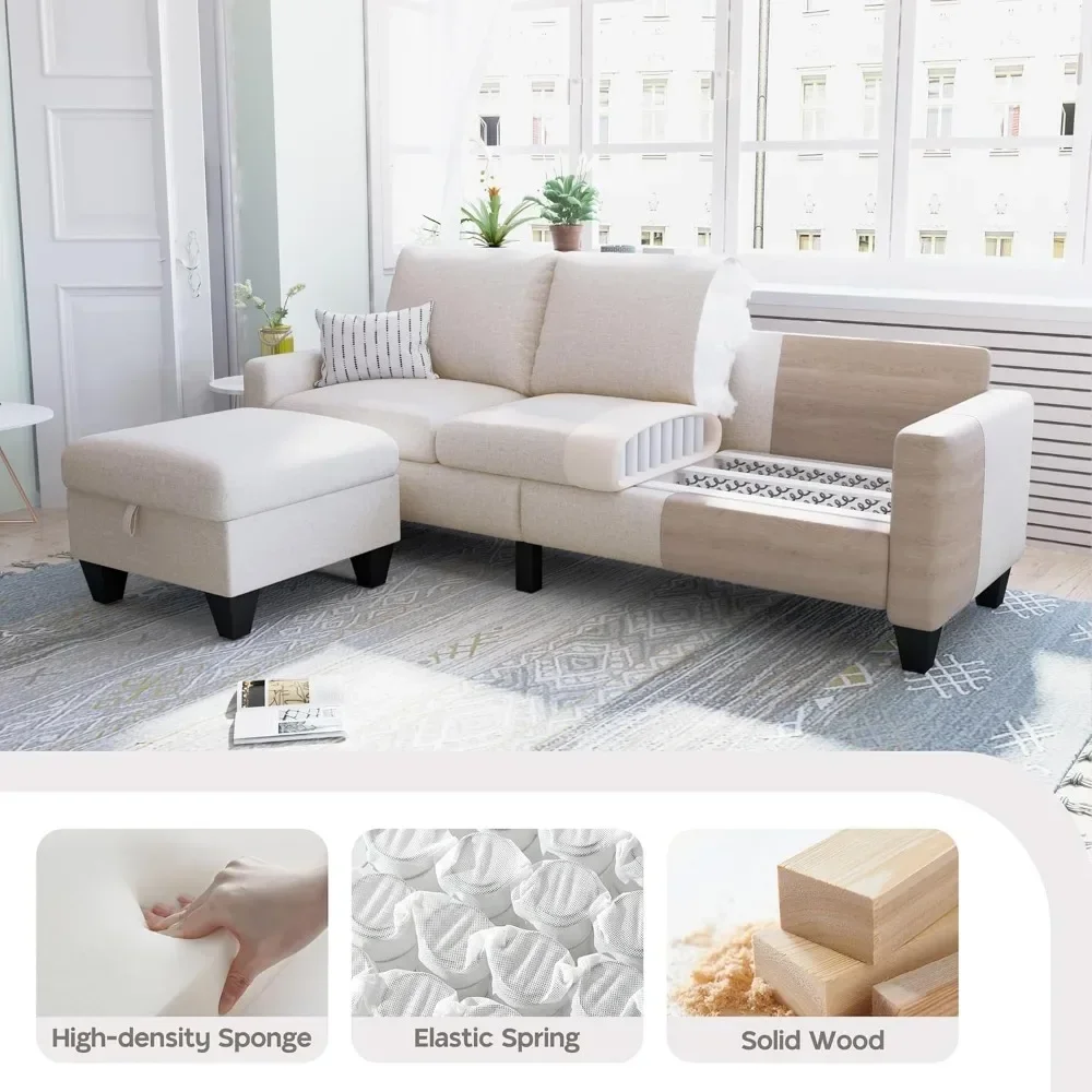 Секционный диван-трансформер 78 дюймов бежевая L-образная кушетка на 3 сиденья с