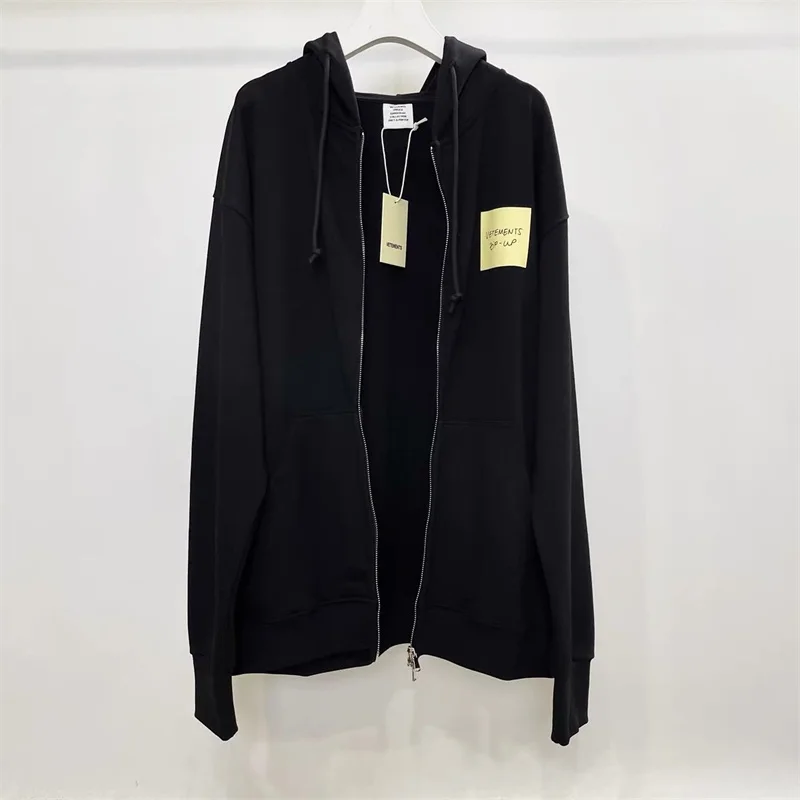 

2023FW Logo Printing VETEMENTS Oversized Zipper Jackets Men Women 1:1 Post It Notes Black Hooded Sweatshirts