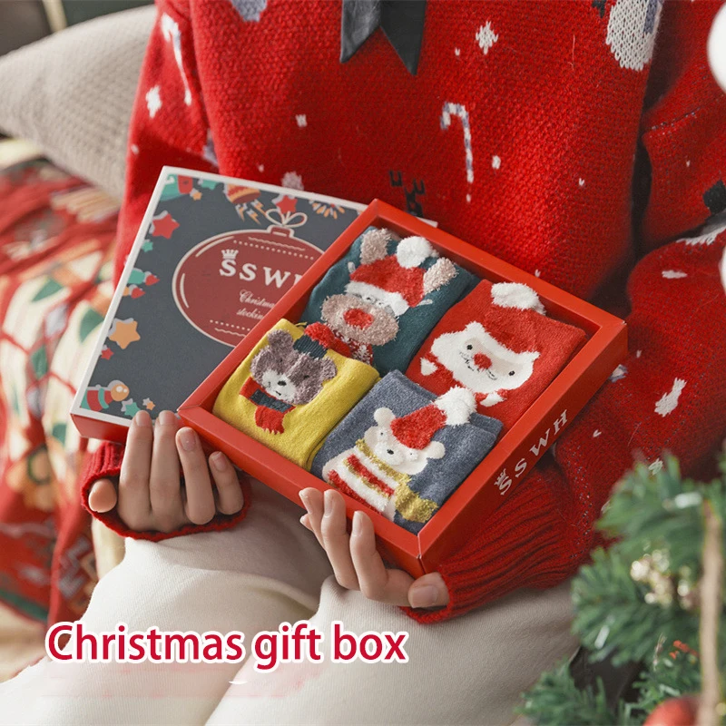Women Socks Christmas New Year Red Cartoon Elk Happy Funny Cotton Socks