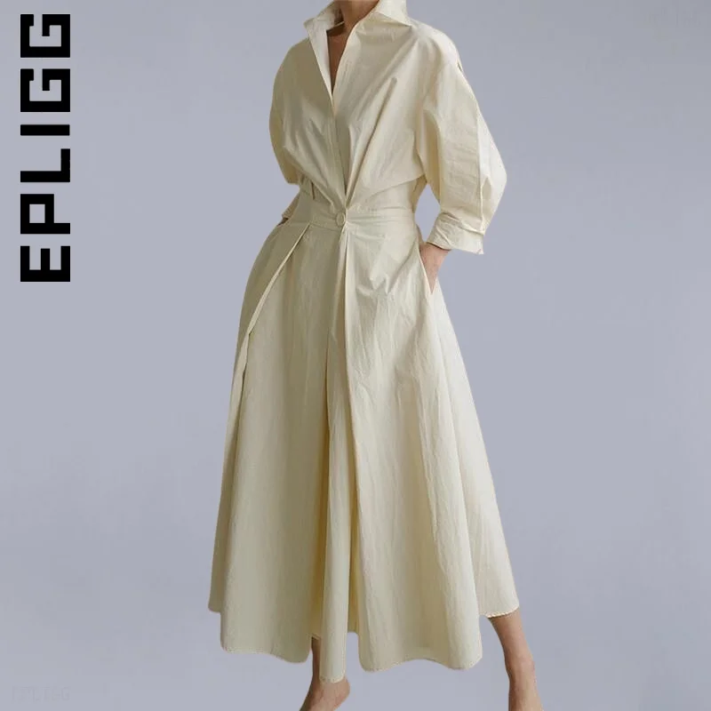 

Long Shirt Women Dress New Lapel Neck Long Sleeve Solid Dress Elegant Dresses Vocation Style Girl Female Vestidos Woman Clothes