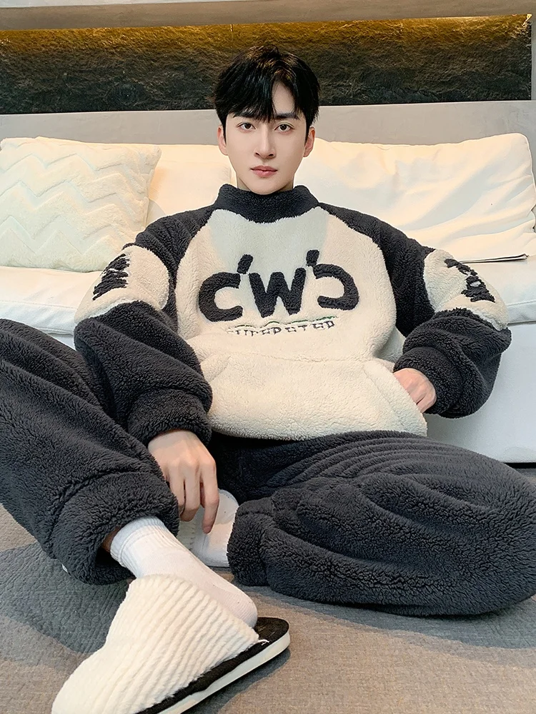 Coral Fleece Pajamas Men's Winter Thickened Fleece-lined Autumn and Day Youth Can Be Worn outside Homewear Set