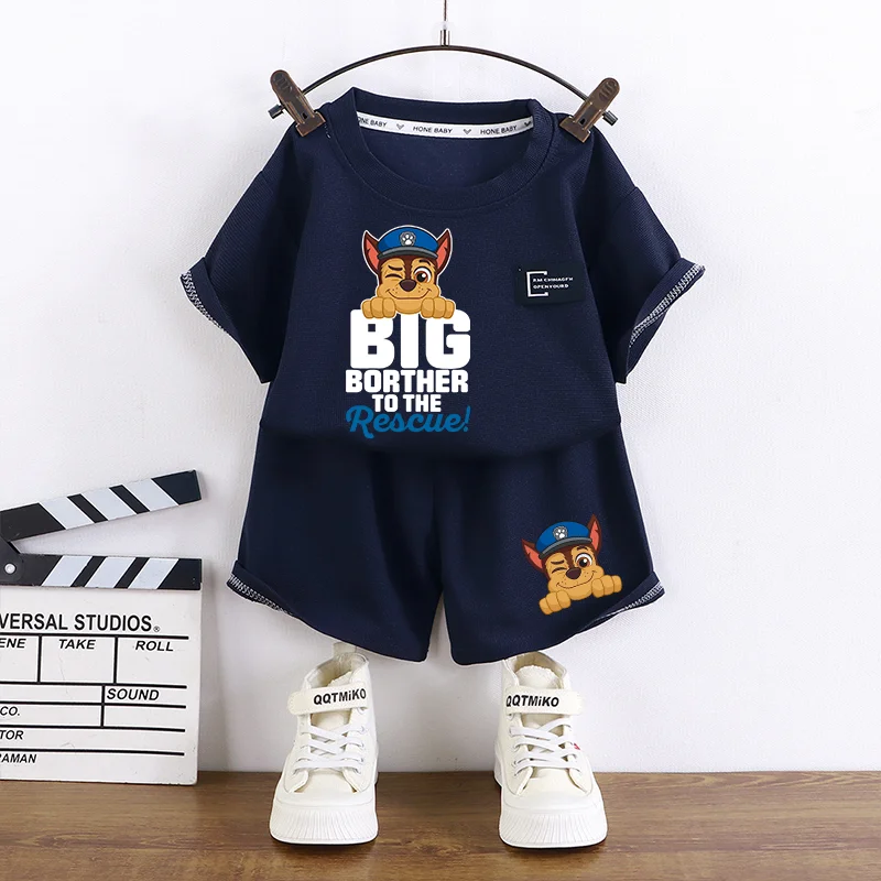 Фото Детские шорты с короткими рукавами Paw Patrol, 2 шт., летний тонкий вафельный костюм, милый костюм с мультяшным принтом Чейз и Скай, одежда для мальчиков и девочек, подарок №1