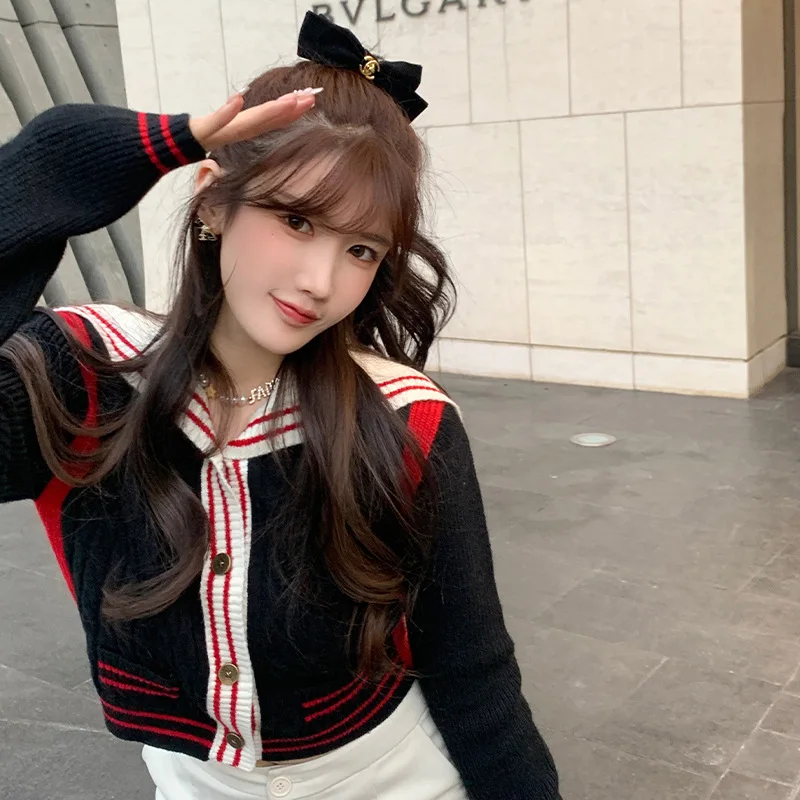 

Women 2022 Red Sweater Short Coat New Black Red Women Cardigan Women Sweater Top Sweet Cardigan Long Sleeve