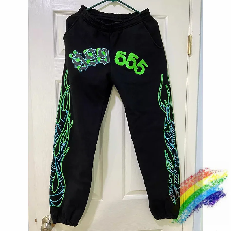 

Fluorescent Green Spider Web Pattern 555555 Sweatpants Men Women Flame Printing Sp5der 555555 Pants Joggers Drawstring Trousers