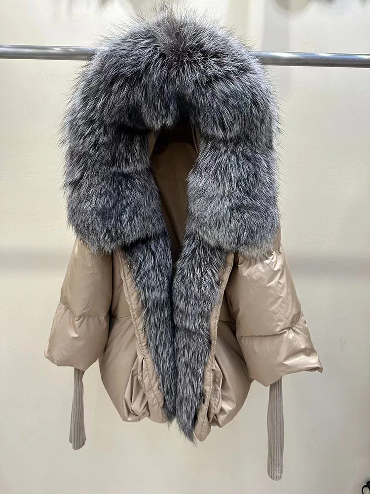 

Новинка 2023, осенне-зимнее теплое Женское пальто, большой размер, натуральный Лисий мех, с капюшоном, воротник, толстая Роскошная куртка на гусином пуху