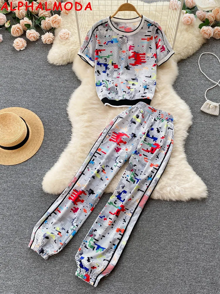 

ALPHALMODA 2022 Summer Printed Tshirt + Jogger Pants Women Short-sleeved Casual 2pcs Suits S-4XL