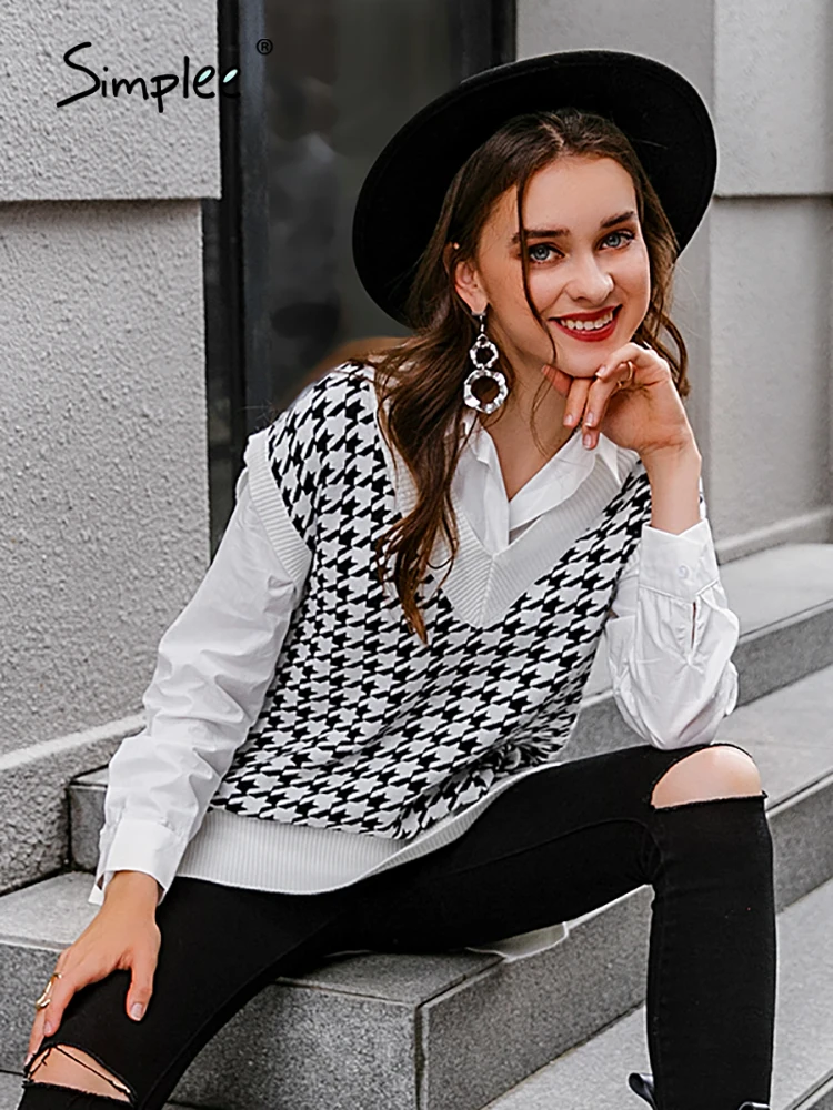Simplee Houndstooth knitted sweater vest women V neck sleeveless oversized pullover vintage Fall winter female waistcoat | Женская