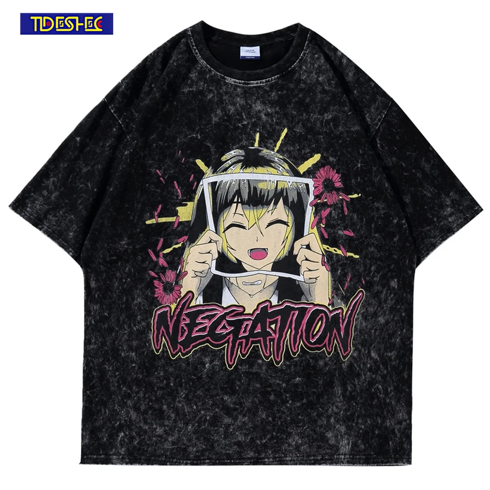 

Distressed Tshirt Men Oversized Japanese Pretend Smiley Girl Print T-Shirt Washed T-Shirt Vintage Cotton Summer Top Men Harajuku