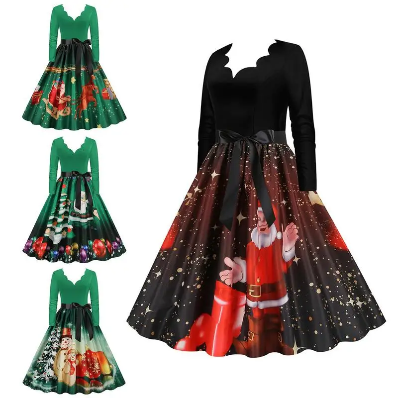 

Женское винтажное платье с длинным рукавом, черно-зеленое платье с принтом, праздничный наряд на Рождество