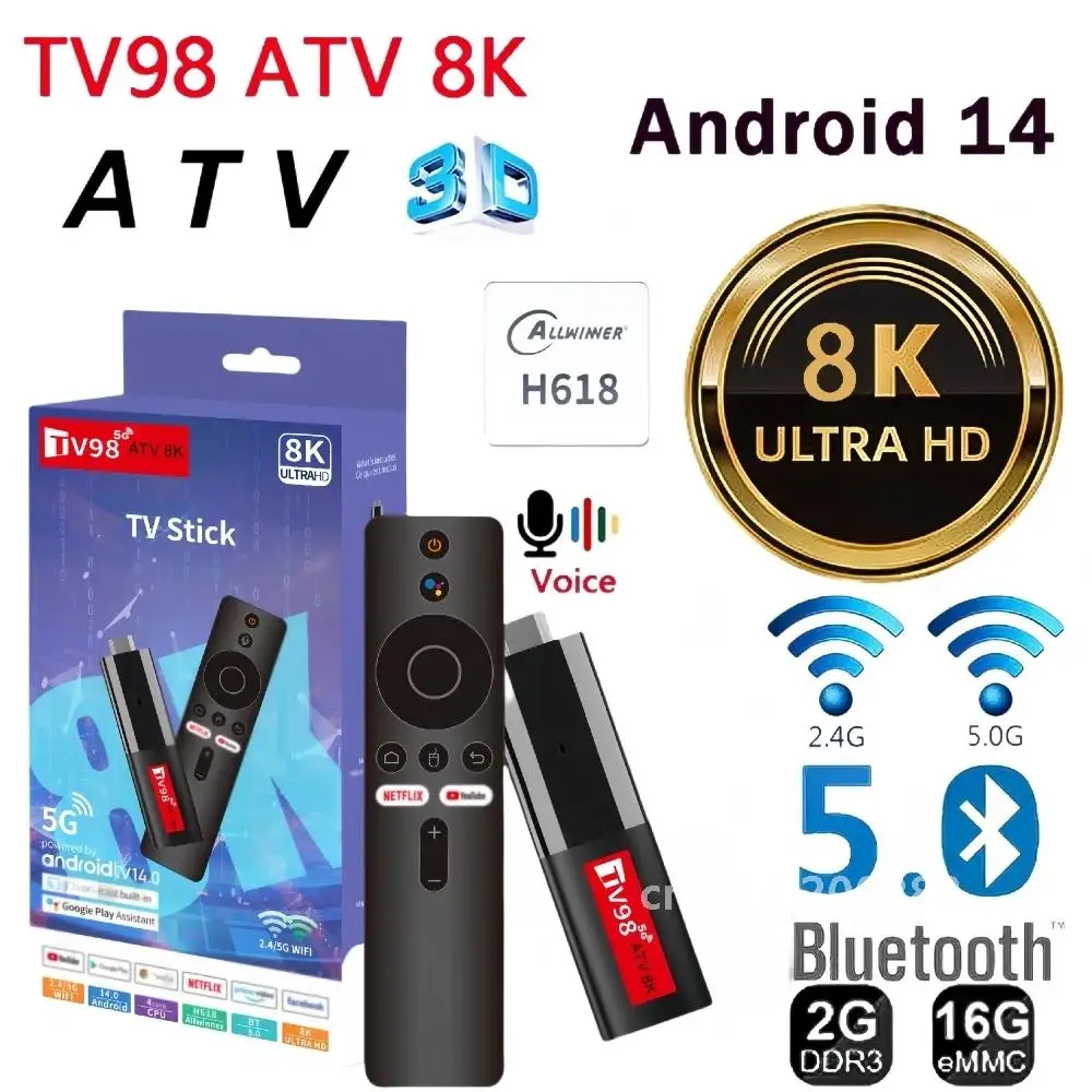 TV98 ATV Mini TV Stick Android 14 Allwinner H618 Четырехъядерный процессор Cortex A53 Поддержка 8K Видео 4K