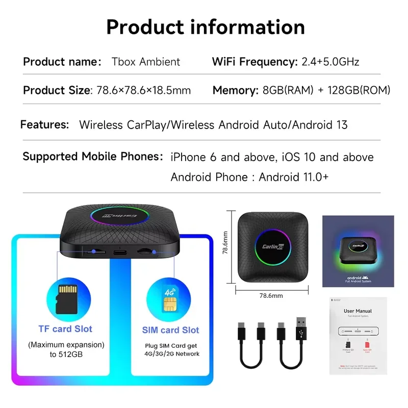 Фото Мультимедийный автомобильный AI-бокс Carlinkit CarPlay на Android 13 Tbox Ambient SMm6225 с беспроводным CarPlay, 8/128 ГБ, Netflix, YouTube, Auto №5
