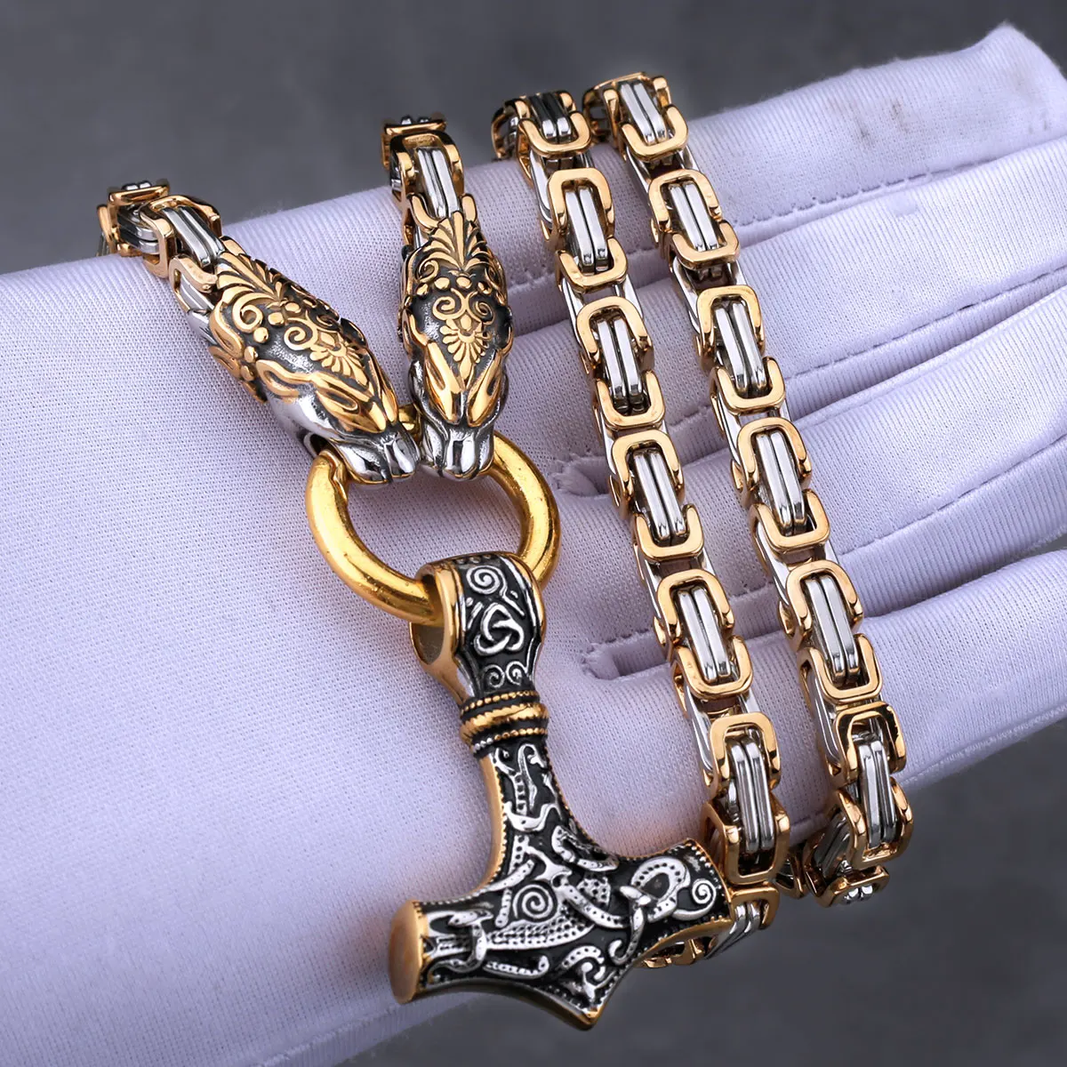 Vintage Viking Dragon Head Amulet Thor's Hammer 316L Stainless Steel Pendant Necklace Pirate King Chain with Valknut Gift Bag