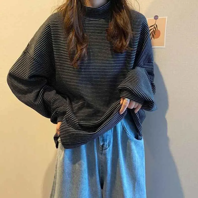 

Loose Striped Knitted Shirts Women 2023 Autumn Winter Turtleneck Long Sleeve Pullover Woman Basic Solid Color Sweater Jumper