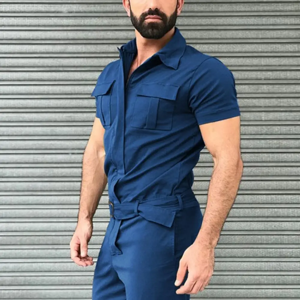 

Men Jumpsuit with Belt Short Sleeves Turndown Collar Single Breasted Pockets Work Coverall Solid Color Casual Men Cargo Overalls