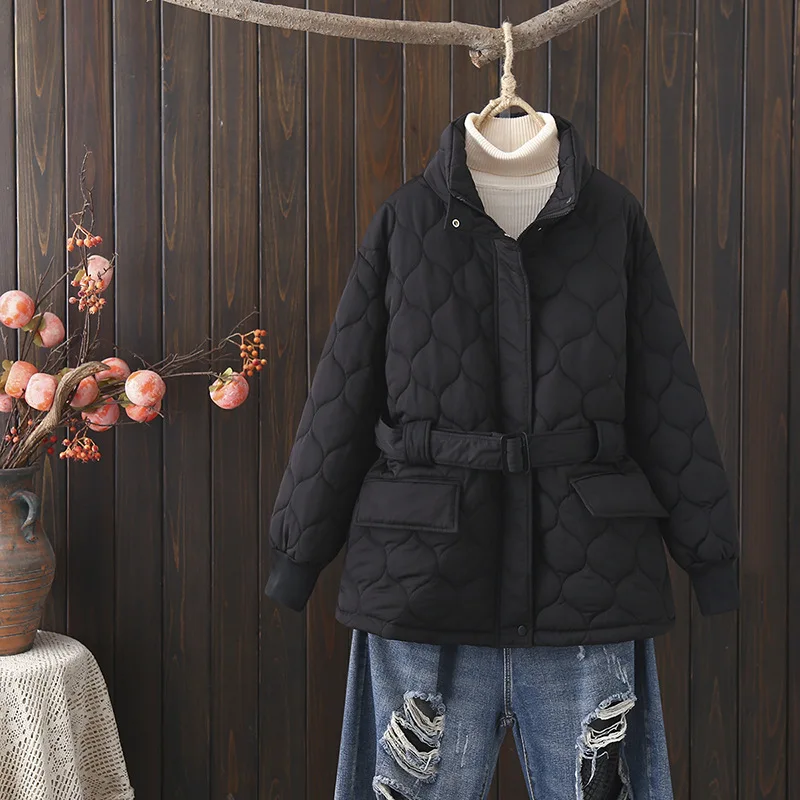 Casual Loose Diamond-shaped Hooded Parka Coat Women Fashion Thickened Mid-length Coat Ladies Elegant Lace-up Cotton Jacket