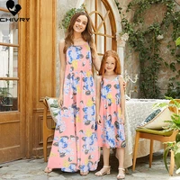 new mother daughter summer loose dresses sleeveless flower print beach dress mom mommy and me maxi dress family matching outfits