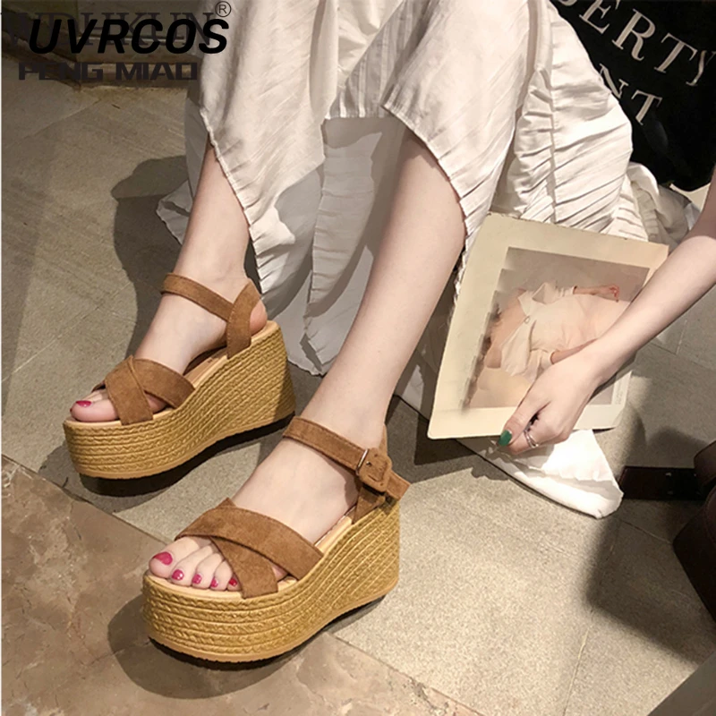 

Women Sandals Casual High Heels Open Toe Wedge Muffin Platform Solid Color Suede Fashion Low Top