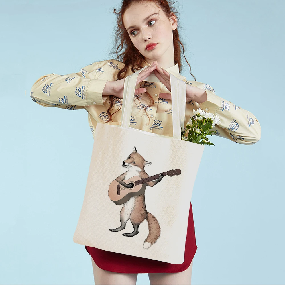 

Cartoon Squirrel Rabbit Fox Guitar Music Casual Women Shopping Bags Animal Canvas Supermarket Shopper Bag Reusable Tote Handbag