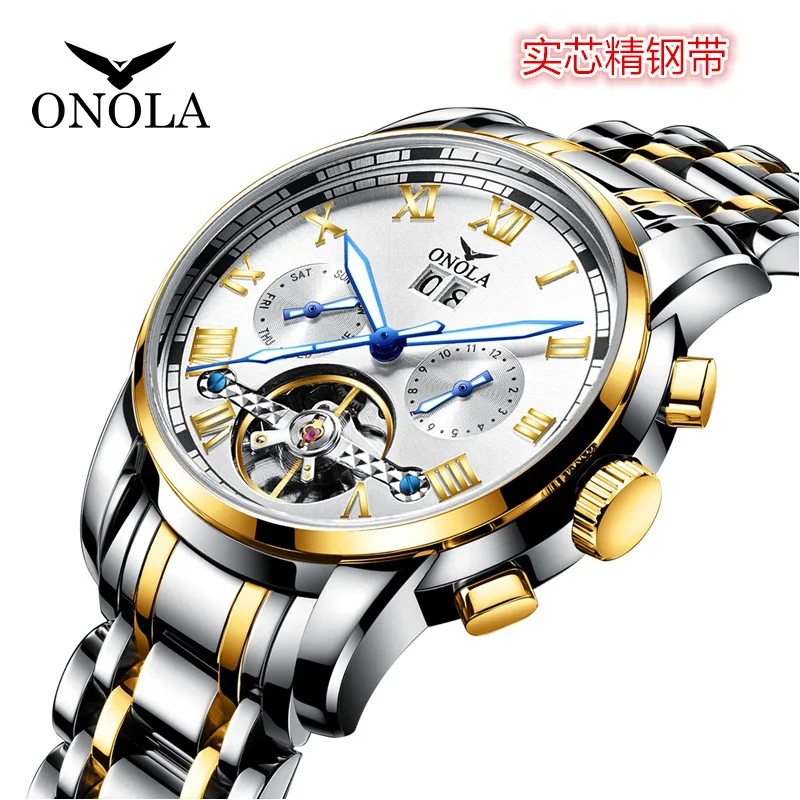 

ONOLA Fashion Brand Luxury Solid Steel Band Business Tourbillon Hollow Automatic Mechanical Watch Men's Waterproof