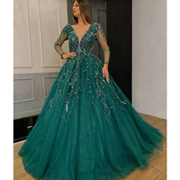 green tulle perspective long sleeved beaded prom dress formal banquet party wedding show dress custom