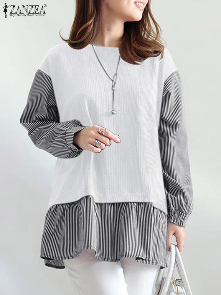 

2023 ZANZEA Fashion Striped Patchwork Blouse Autumn Elegant Work Blusas Women Long Sleeve Shirt Fake Two Pieces Tops Oversized