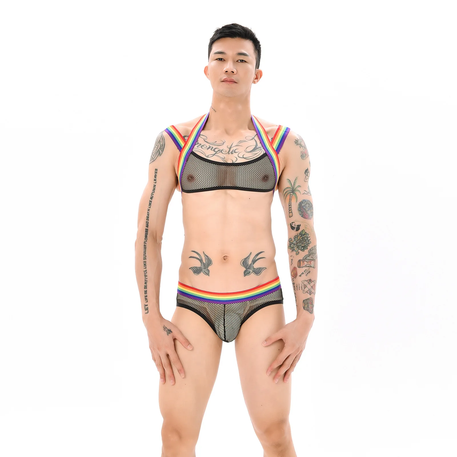 

LGBT Rainbow Pride Gay Men's Corsets Underpants Suits Rainbow Metal Rings Mesh Bra Fetish Sexy Thong Lingerie Sissy Striptease