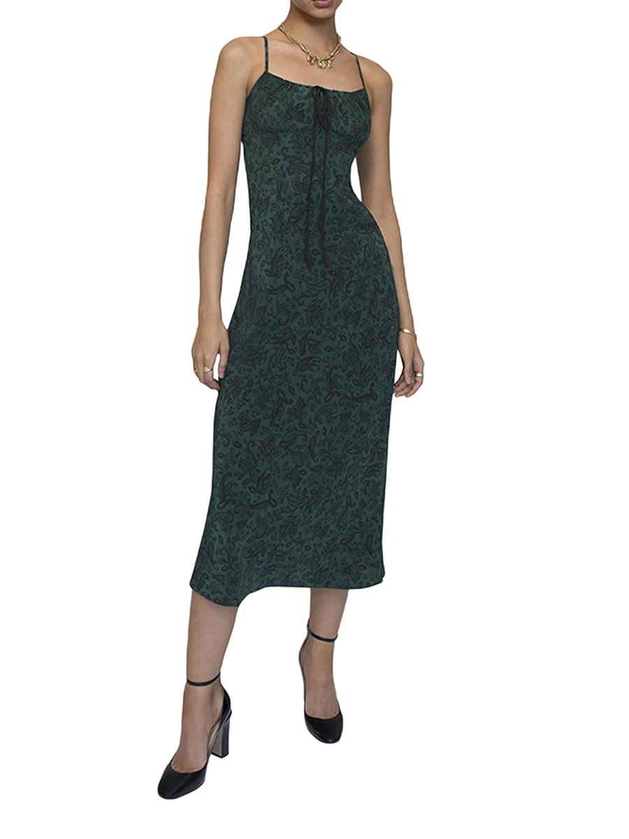 

Женское винтажное платье с цветочным принтом, облегающее платье средней длины на бретелях-спагетти, платье во французском стиле ретро, лето...