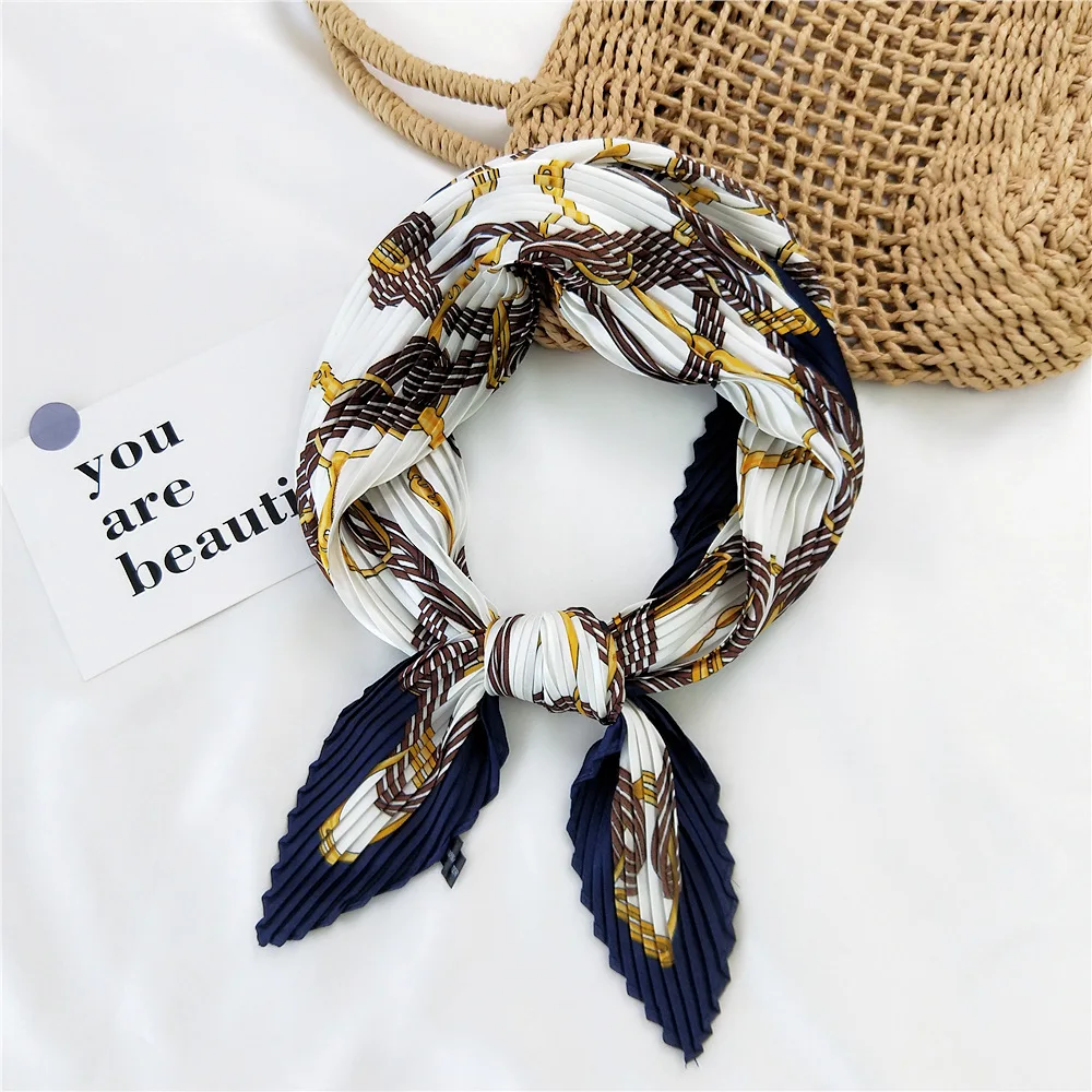 Crinkle Silk Square Scarf Women Satin Shawl Wrap Hijab Female Hair Band Bag Wrist Luxury Headkerchief Echarpe 2022 Bandana