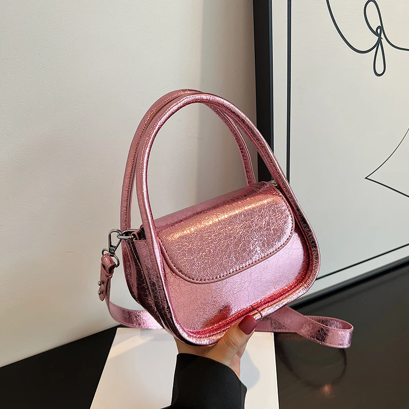 

2023 Top Brand Saddle Bag For Women Luxury Gold Silver Patent Leather Handbag Short Handle Brand One Shoulder Crossbody Bag Sac