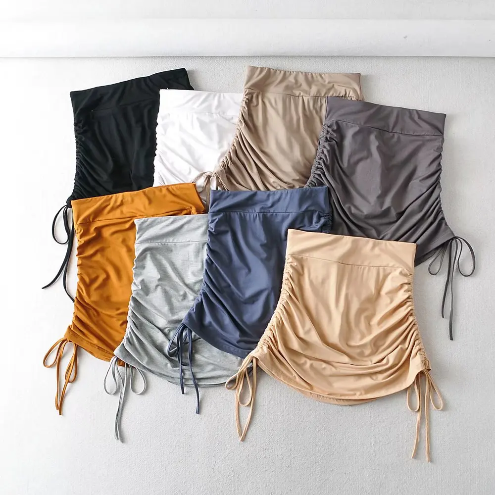 

Summer Women Skirts Ladies Solid Color Knitting Side Draw String Skirts Harajuk Fashion Female Sexy Elastic Mini Skirt