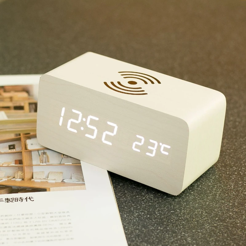 Цифровой будильник в скандинавском стиле, умные беспроводные Часы со звуковым управлением, датой, влажностью, температурой и яркостью