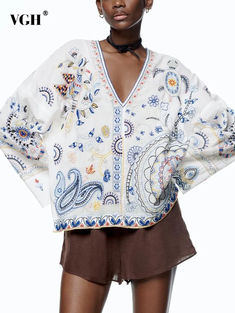 

VGH Hit Color Embroidery split Shirt For Women V Neck Long Sleeve Casual Loose Pullover Shirts Female 2023 Spring Clothing New