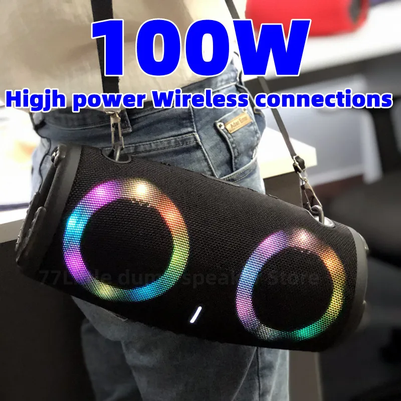 

100W high power wireless TWS subwoofer portable waterproof card speaker RGB colorful rotating flashing light bluetooth speaker