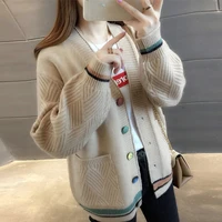 cashmere cardigan sweater women 2022 autumn and winter color matching v neck casual loose warm knitting jacket streetwear femme