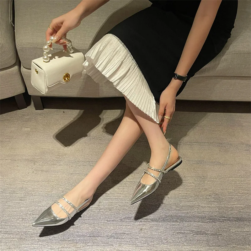 Fashion Pointed Sandals 2023 Summer Women's New French Flat Shoes Single Shoe Baotou Rhinestone Women's Shoes