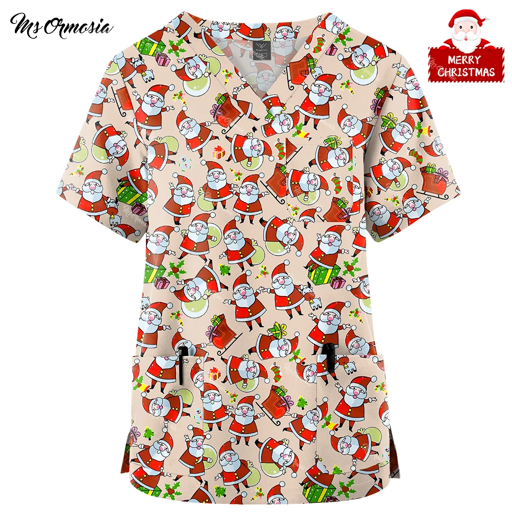 Christmas T-shirts V Neck Scrubs Tops Cartoon Print Clothes Hospital Blouse Medical Nurse Uniform Pocket Surgical Uniforms Tee
