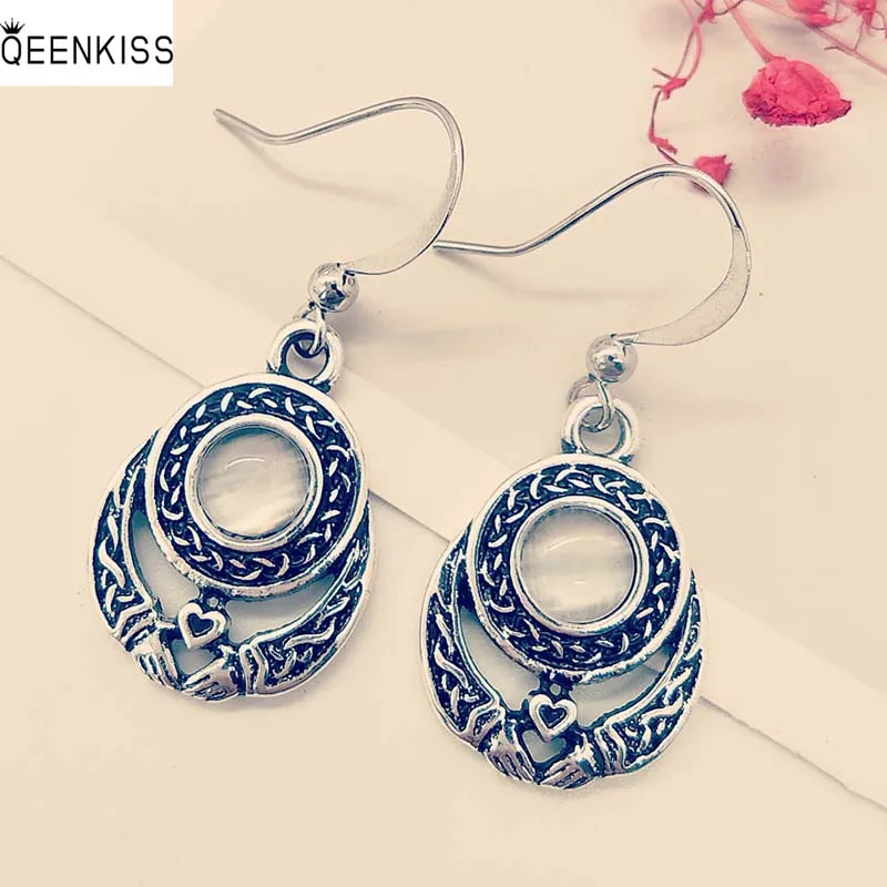 

QEENKISS EG6237 2022 Fine Jewelry Wholesale Fashion Woman Girl Birthday Wedding Gift Retro Round Antique Silver Drop Earrings