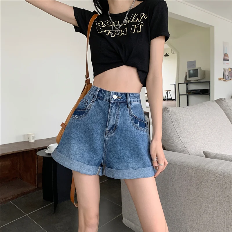

Korean Style Fashion Baggy Jeans Shorts Blue Curl Women Summer High Waisted Pants Streetwear Straight Denim Shorts Y2k Casual