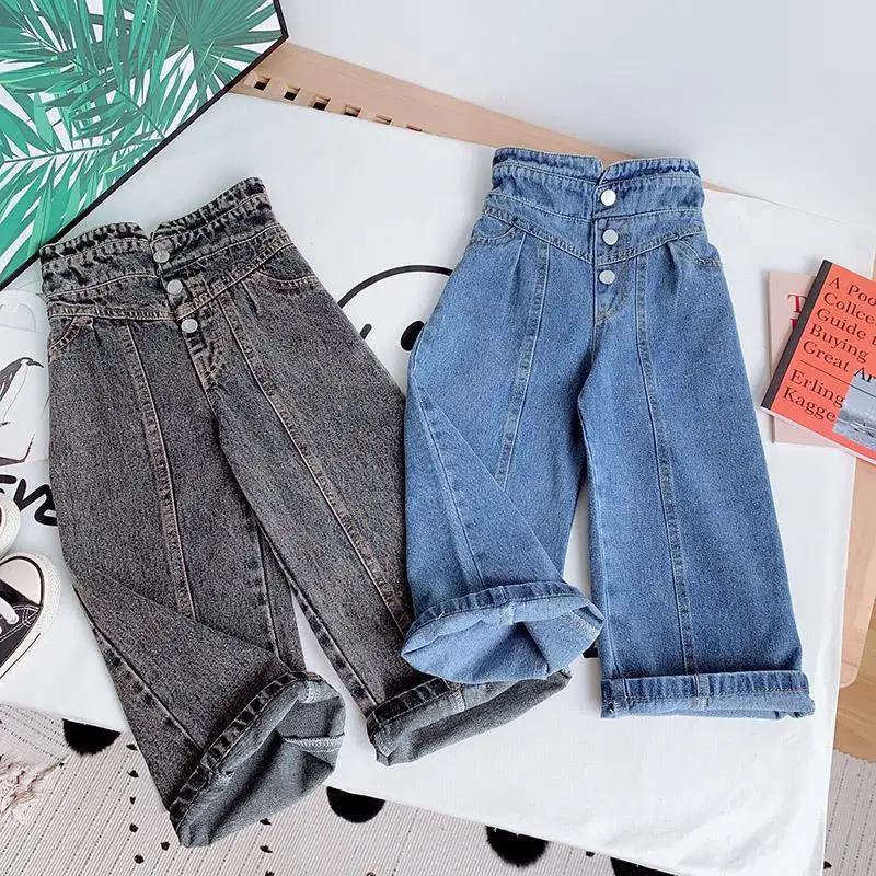 

Pants Hight-waist 2022 Pocket New Autumn Wide Girls Button Personality Jeans Casual Winter Waist Jeans Fashion Leg Kids Elastic