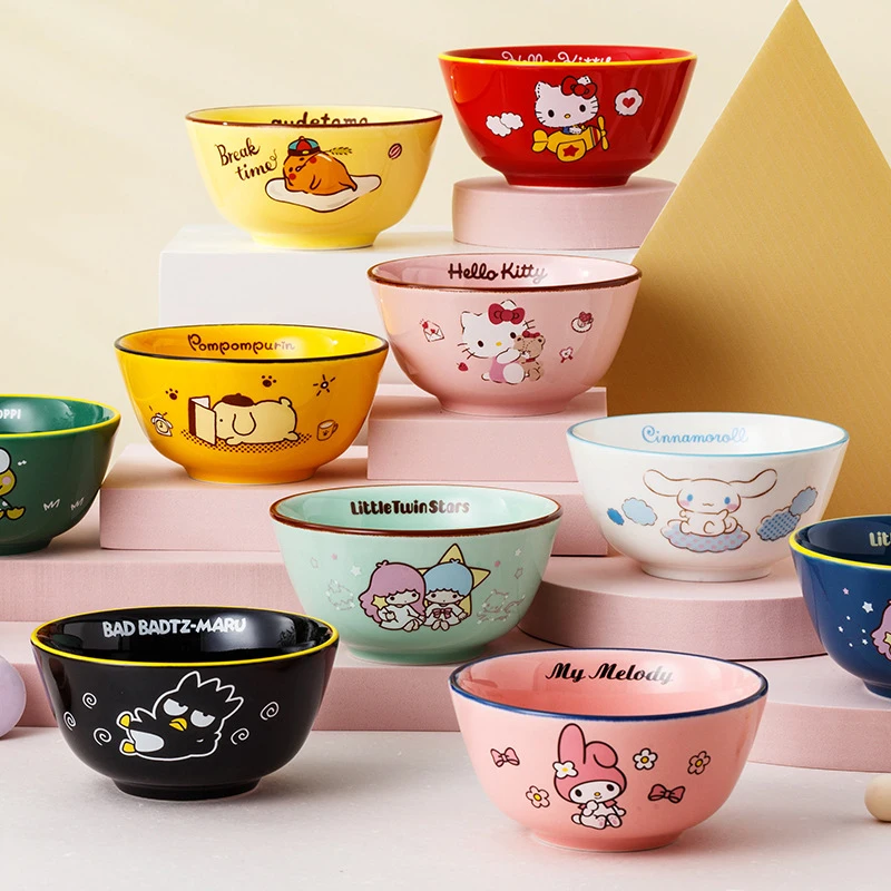 

Sanrioed My Melody Kittys Cinnamoroll Littletwinstars Gudetama Badtz-Maru Kero Keroppi Kawaii Ceramic Bowl Cuteness Tableware