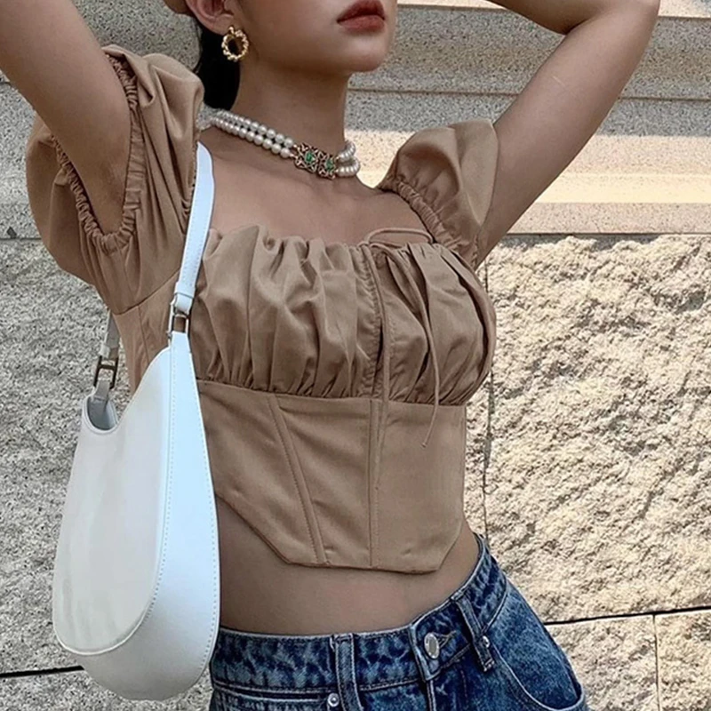 

Summer Women T-Shirt Solid Khaki Short Sleeve Tie-up Square Neck Lowcut CropTops Sexy Streetwear Back Zipper Ruched Chest Corset