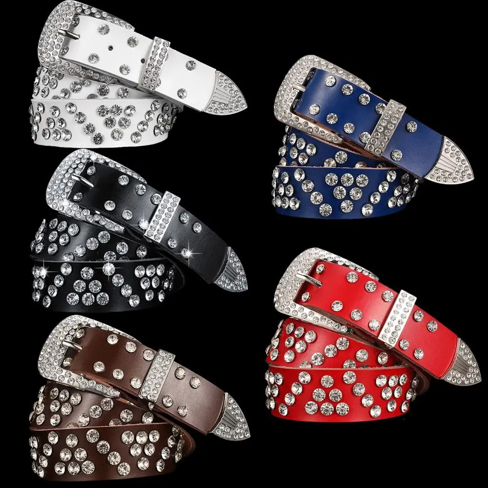 Punk Luxury Designer Brand Genuine Leather Pants Bands Pin Buckle Waistband Bling Bling Diamond Belt Ladies Dress Belts