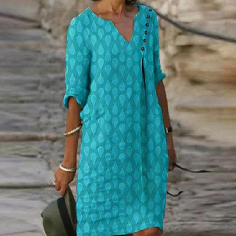 

Женское винтажное платье на пуговицах, элегантное асимметричное платье средней длины с принтом, рукавом до локтя и V-образным вырезом, шикарное свободное платье для женщин, модель 2023 года