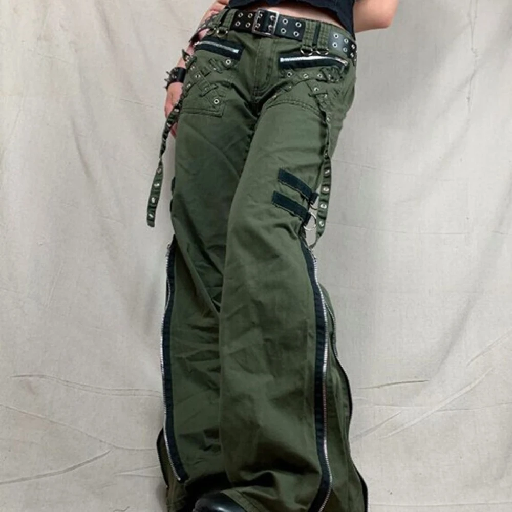 

Military Green Cargo Flared Pants Low Rise Y2K Women Steam Punk Pants Harajuku Gothic Style Post Apocalyptic Wasteland Clothing