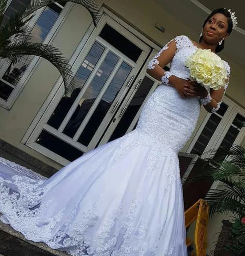 

Vintage Lace Mermaid Wedding Dresses Modest Design Applique Illusion Lace Long Sleeve African Court Train Bridal Gowns