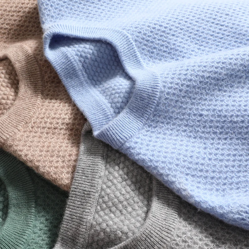 100% Cashmere Sweater Men's O-Neck Honeycomb Pullover Autumn Winter New Knit Sweater Korean Fashion Large Size Sweater