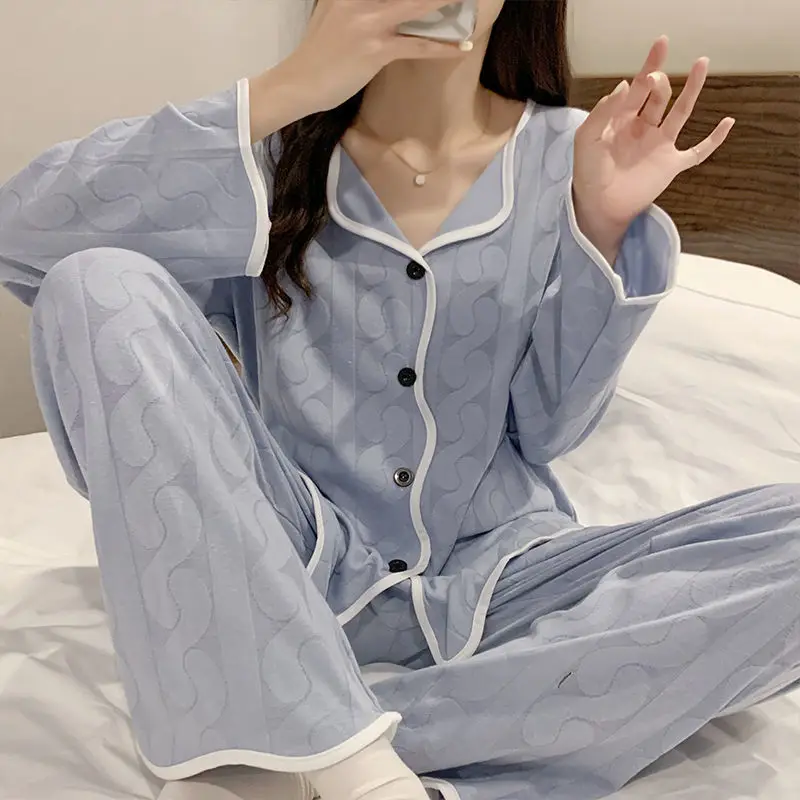 QWEEK Japanese Sweets Room Wear Women's Pajamas Cute Clothes Sleepwear Bear Print Homewear Long Sleeve Cardigan Pyjamas
