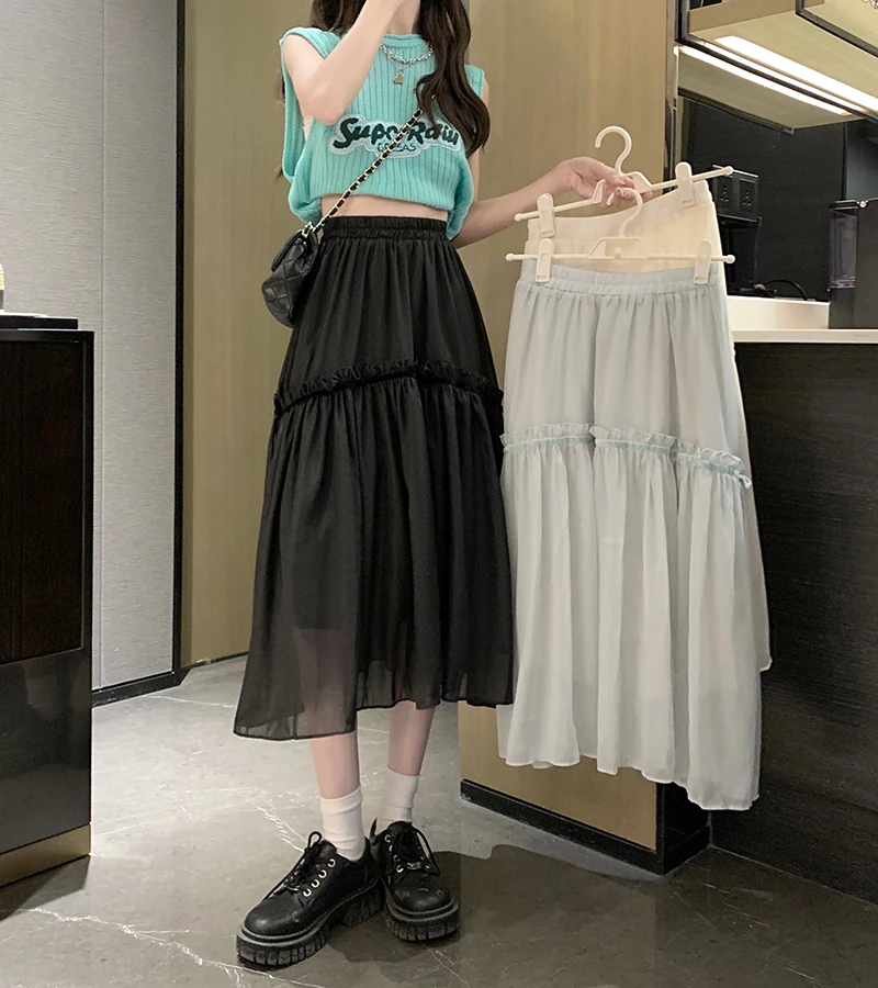 

3Colors Women Long Mesh Skirt 2022 Spring Summer Vintage Midi A Line High Elastic Waist Ruffles Long Skirts Female(77067