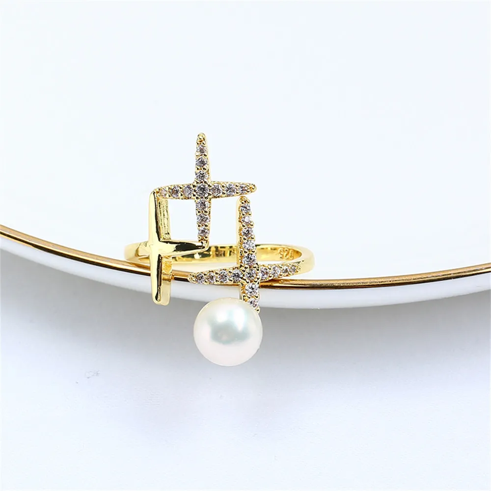 

Domestically Produced 14k Gold Plated Color Retaining Star Inlaid Zircon Pearl Ring with Adjustable Opening DIY Accessories