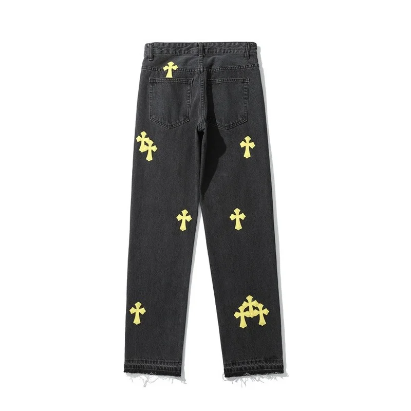 Tide Brand Men's High Street Style Hip-hop Loose Straight Trousers Men's European and American Retro Leather Cross Jeans Men